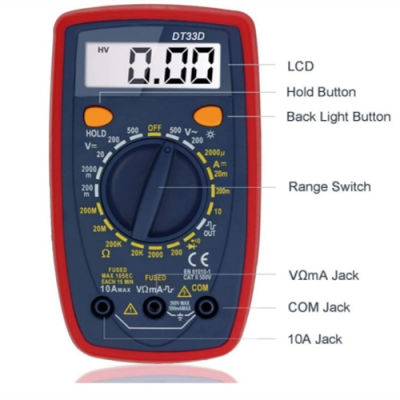 TesterMeter-DT33D Multimeter Tester 2000 Counts Digital Multimeter with DC AC Voltmeter and Ohm Volt Amp Meter ; Measures Voltage, Current, Resistance; Tests Live Wire, Continuity