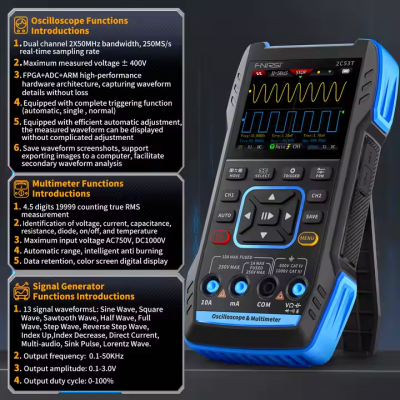 Testermeter-2C53T 2pcs 10X Probe 3 In1 50Mhz 250Msa/s Two Channel Digital Oscilloscope with signal Generator and Digital Multimeter