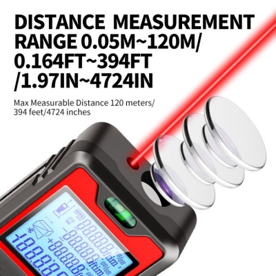 Testermeter- LD2-120 0.16ft ~ 394ft Digital Laser Infrared Distance Meter, Rechargeable Range Finder